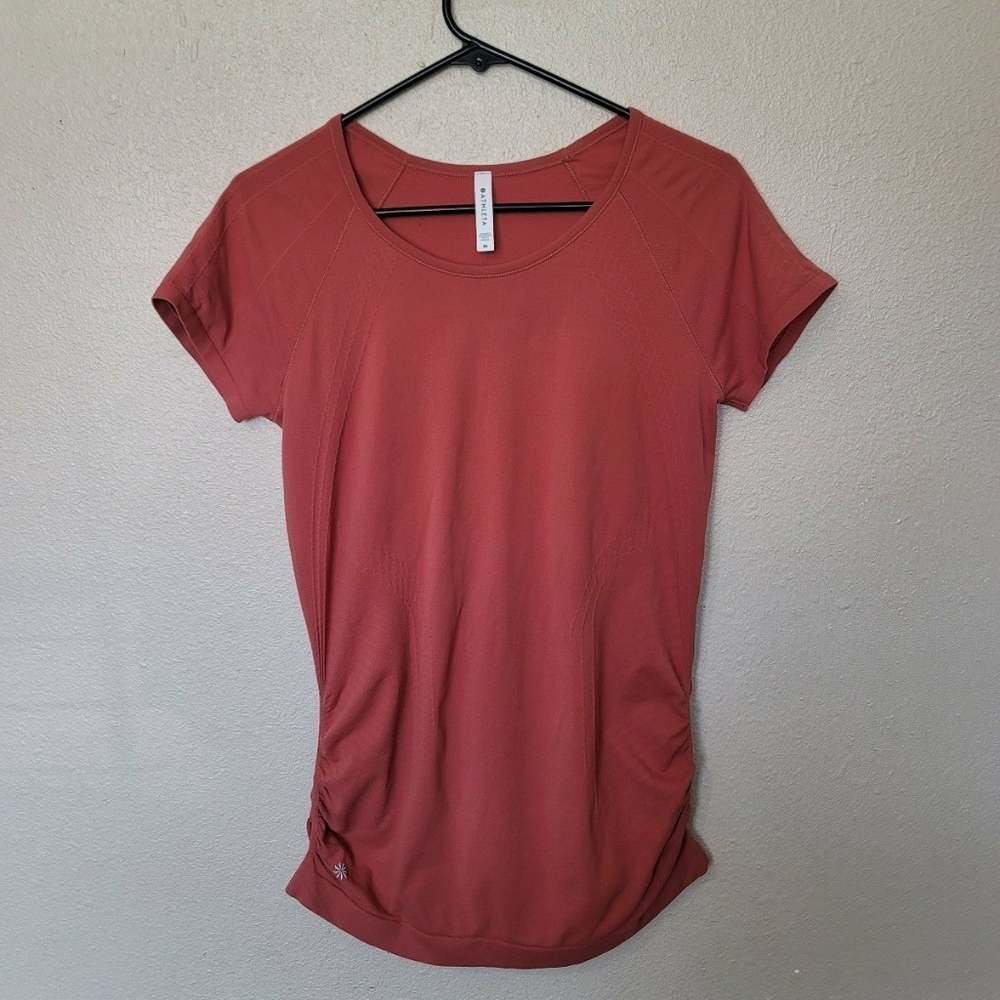 Athleta Fastest Track Top Womens S Neon Orange Short Sleeve Pullover Ruched Tee